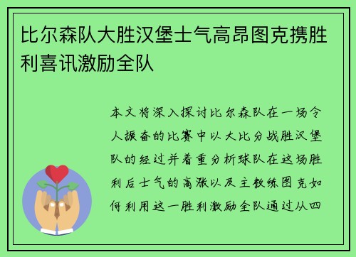 比尔森队大胜汉堡士气高昂图克携胜利喜讯激励全队