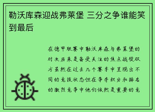 勒沃库森迎战弗莱堡 三分之争谁能笑到最后
